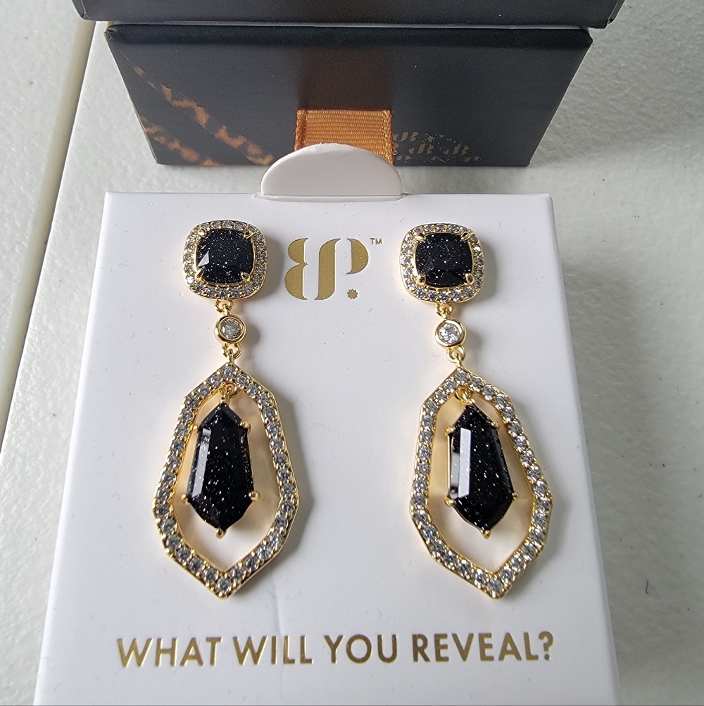 Bomb Party Untamed Line of Defiance Earrings Gold Plated Black Onyx Sandstone